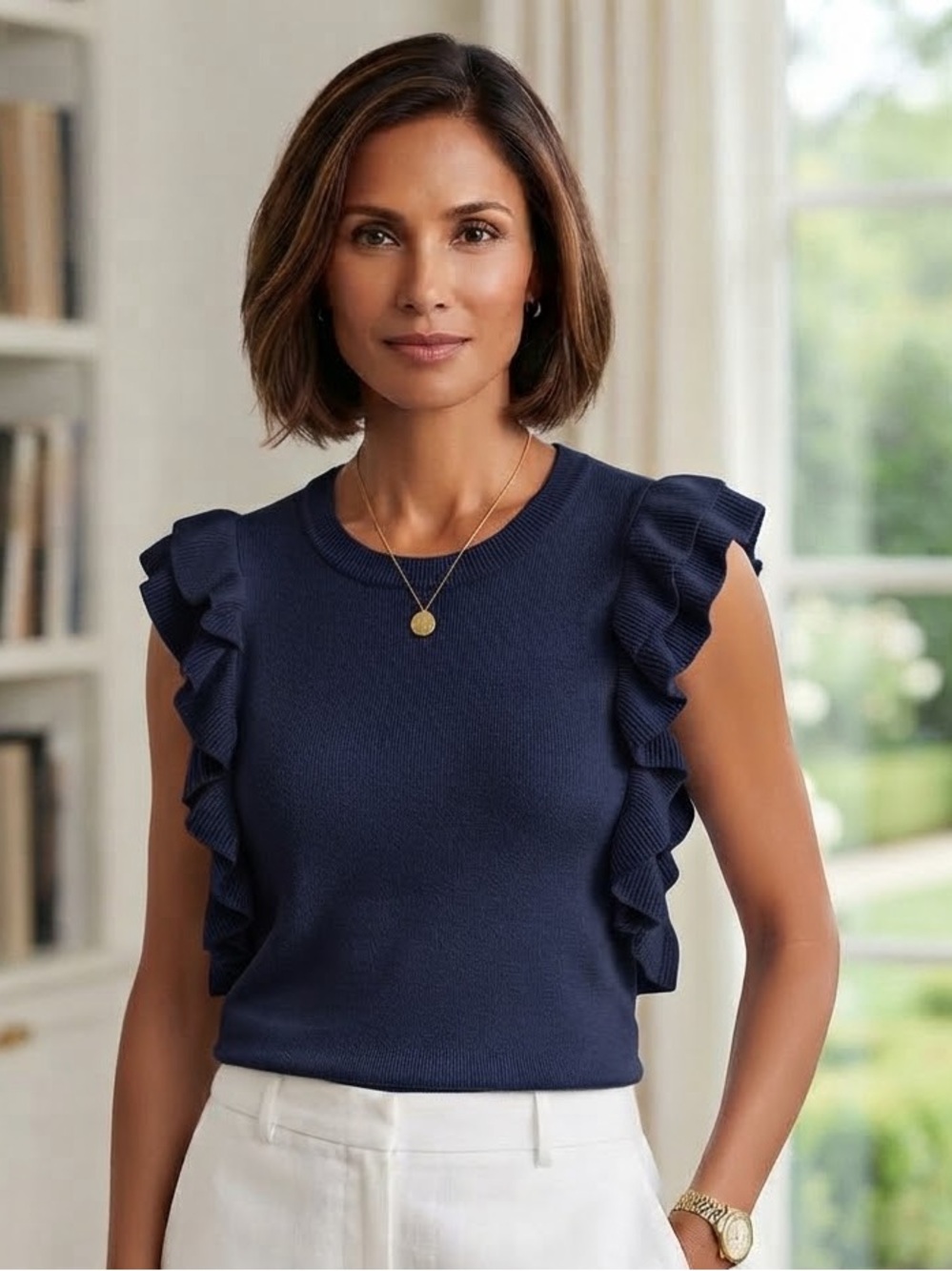 Knitted & Knotted Anthropologie Navy Ruffled Sleeveless Knit Sweater M